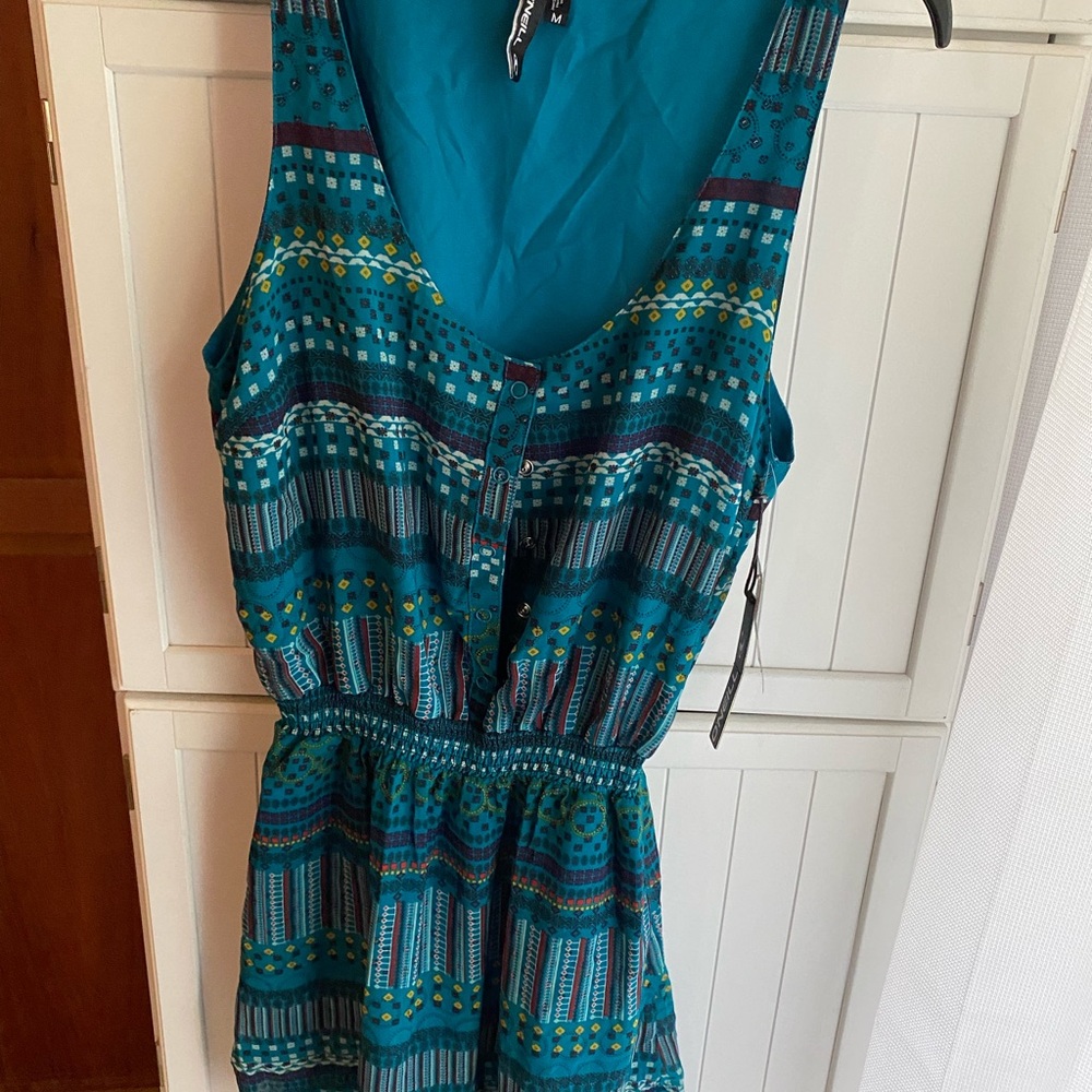 O'Neill Teal and Blue Patterned Dress with elastic waist and snap tank top style